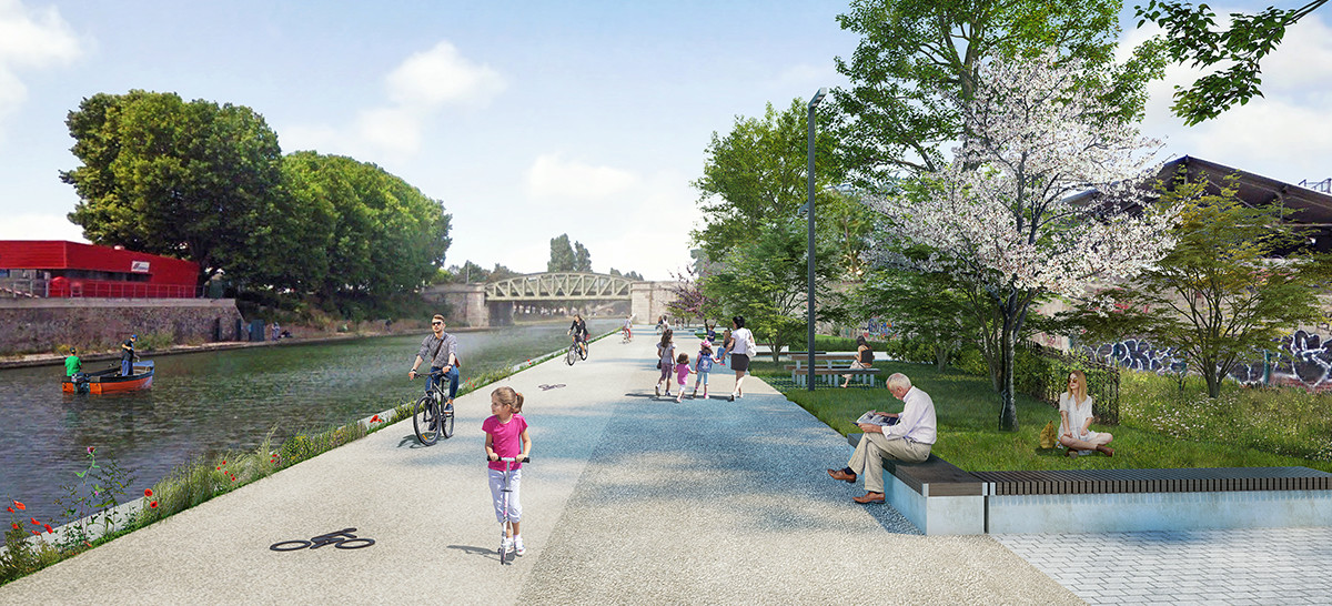 Perspective montrant des gens à vélos, à pied et se baladant sur le bord du canal Saint-Denis. Une petite fille fait de la trottinette, d'autres personnes se détendent dans des espaces arborés.  