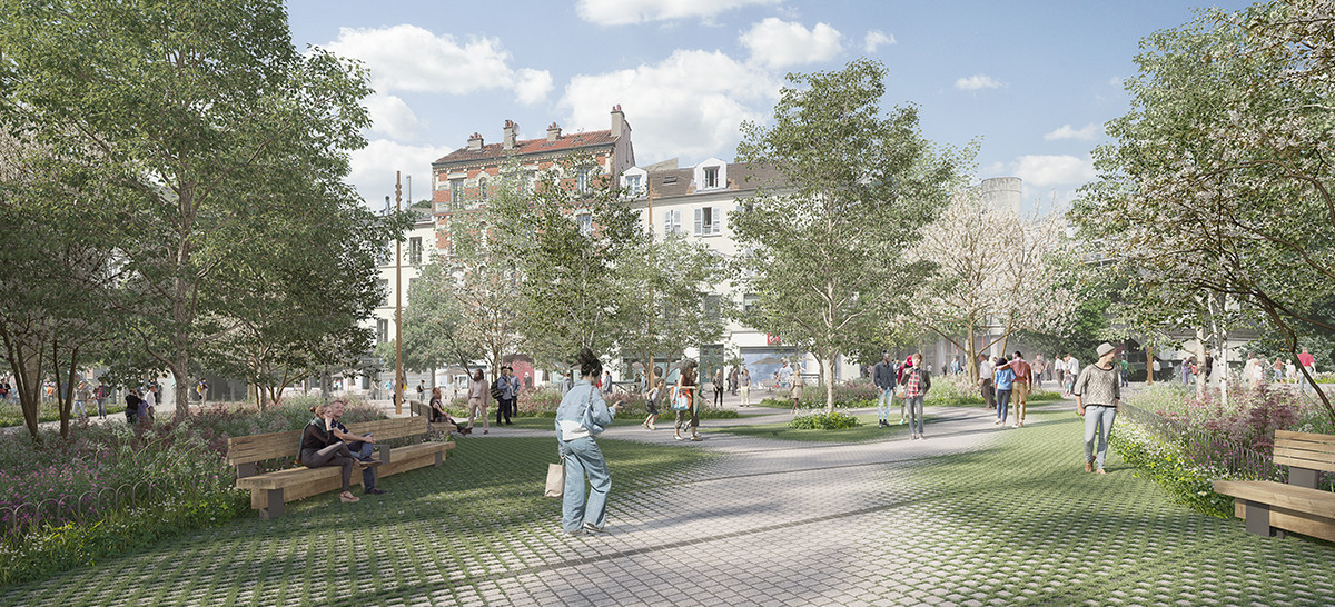 Perspective montrant la nouvelle place Jean-Jaurès. Des arbres et de la verdure sont présents, des gens se baladent, d’autres sont assis, dans le fond on perçoit des habitations. 